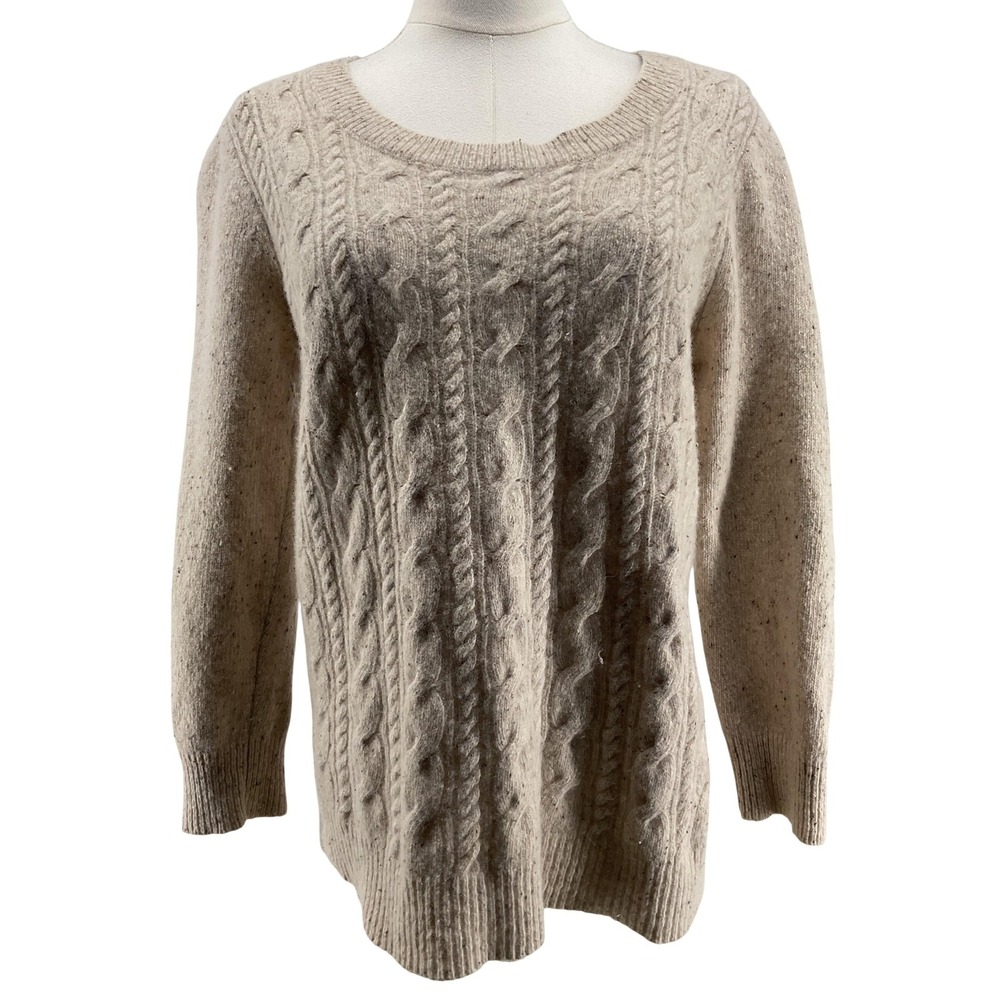 J.CREW Sweater Pullover Womens L Beige Wool-Blend Scoop Neck Cable-Knit